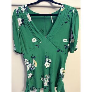 Free People Green Floral Top Size 12: V Neck With Back Zipper